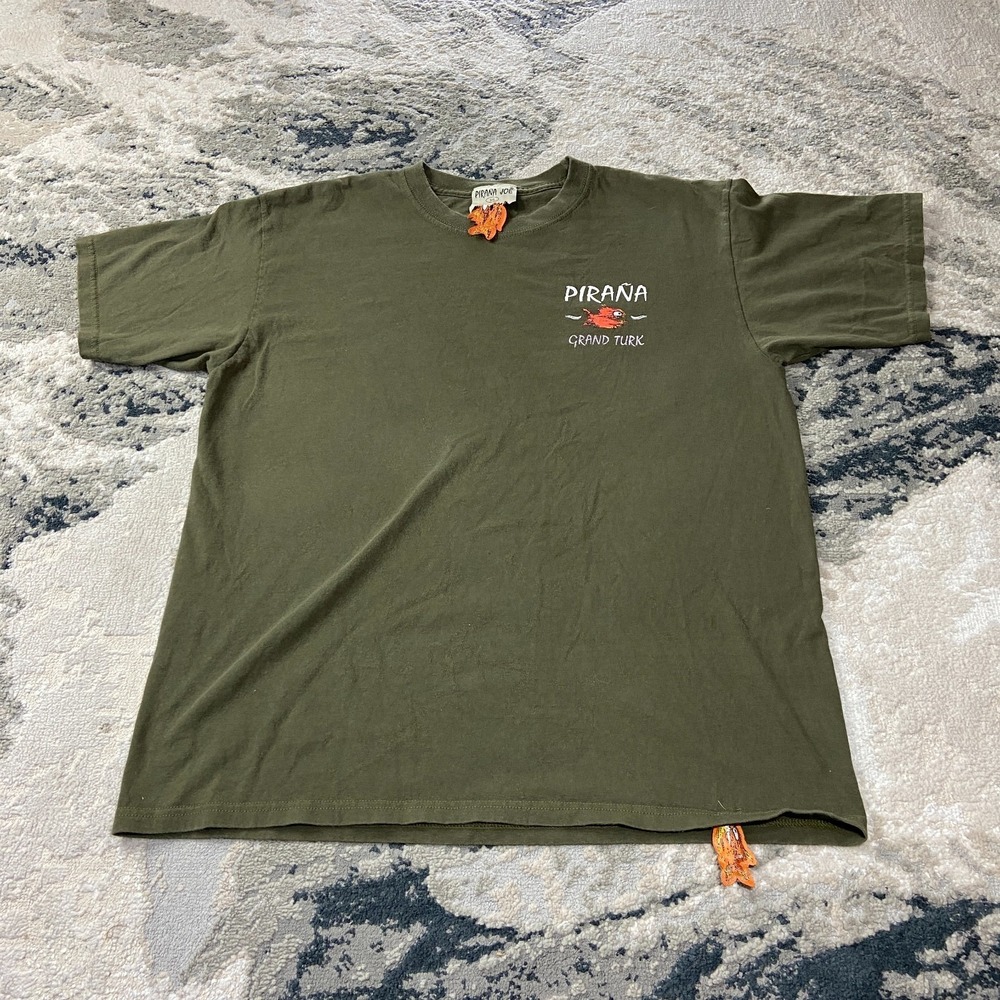 Pirana Joe Grand Turk T Shirt Mens Large Olive Green Graphic Print Fish Logo